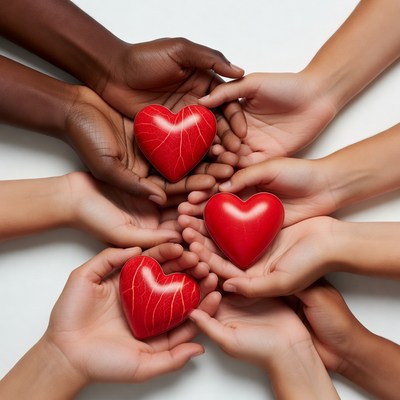Diverse hands holding red hearts
