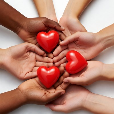 Diverse hands holding red hearts