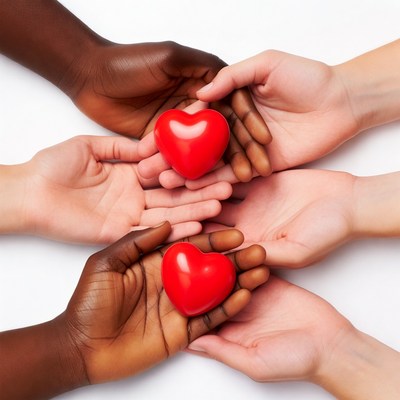 Diverse hands holding red hearts