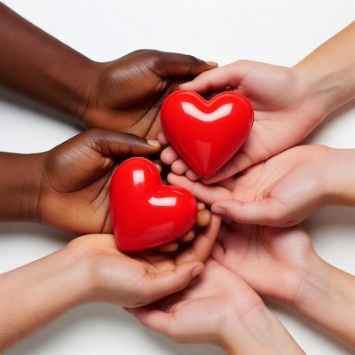 Diverse hands holding red hearts