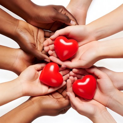 Diverse hands holding red hearts