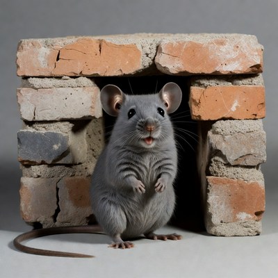 Gray mouse peeking from brick hole