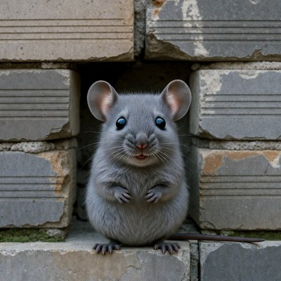 Cute gray mouse peeking from brick wall