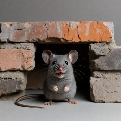 Cute gray mouse peeking from brick wall