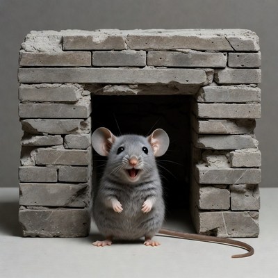Gray mouse peeking from brick hole