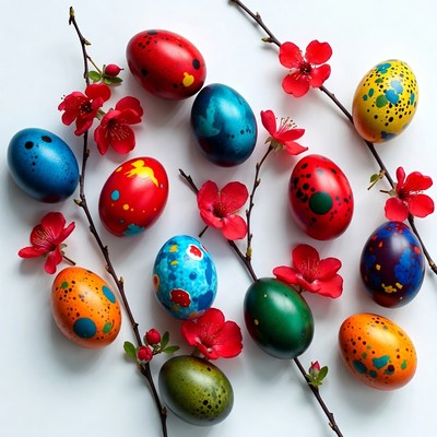 Colorful Painted Easter Eggs with Red Blossoms