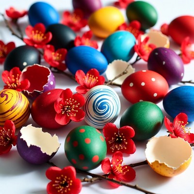 Colorful Easter Eggs with Red Flowers