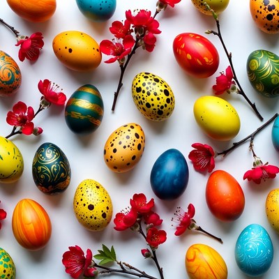 Colorful Easter Eggs with Red Blossoms