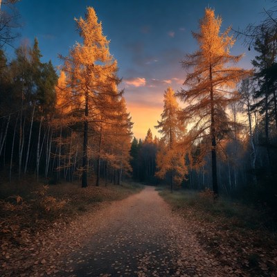 Autumn Forest Path with Golden Larches