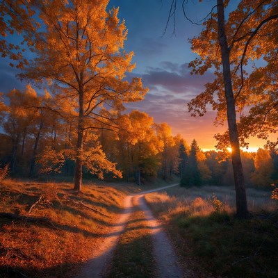Autumn Forest Path at Sunset