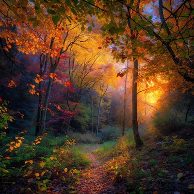 Autumn Forest Path with Colorful Trees