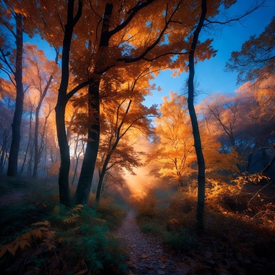 Autumn Forest Path with Orange Trees