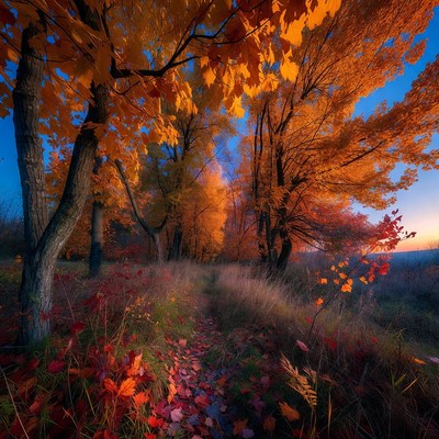 Autumn Path Through Orange Maple Trees