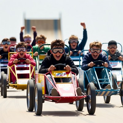 Boys racing go-karts excitedly