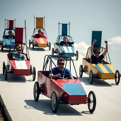 Men racing soapbox derby cars