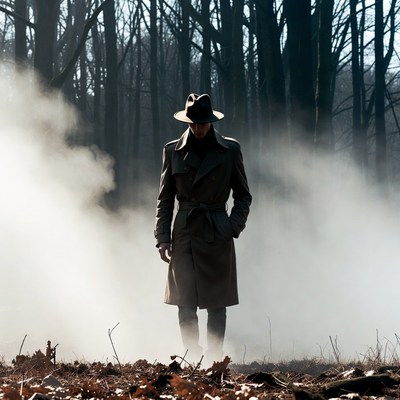 Man in trench coat and fedora in foggy forest