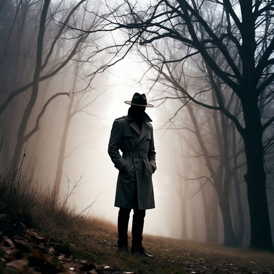 Man in trench coat in foggy forest