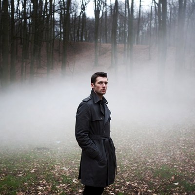 Man in trench coat in foggy forest