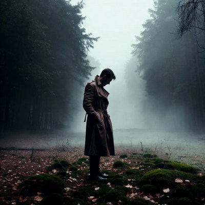 Man in trench coat in foggy forest