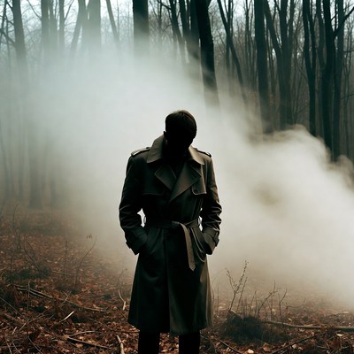 Man in trench coat in foggy forest