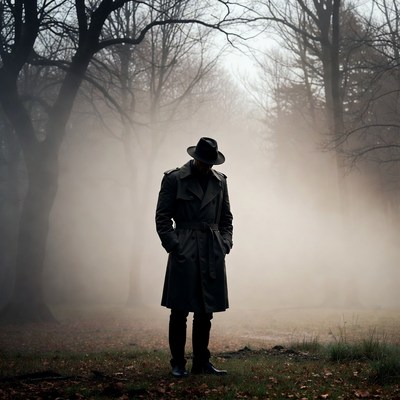 Man in trench coat and hat in foggy forest