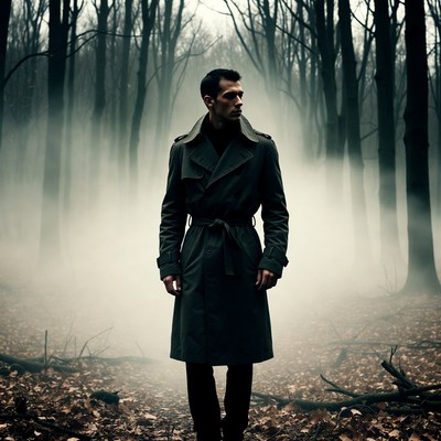 Man in trench coat in foggy forest