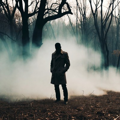 Man in trench coat in foggy forest