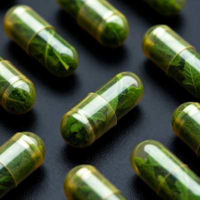 Green Herb-Filled Capsules on Black