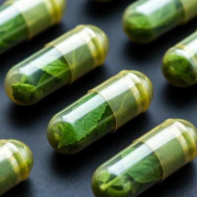 Green Herbs in Clear Capsules