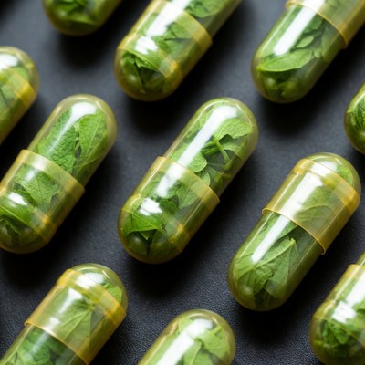Green Herb Capsules on Black Background