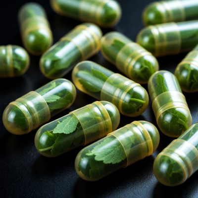 Green Herbal Capsules on Black Background