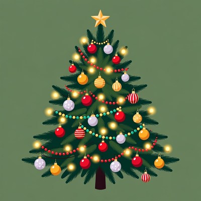 Illustrated Christmas Tree with Lights and Ornaments