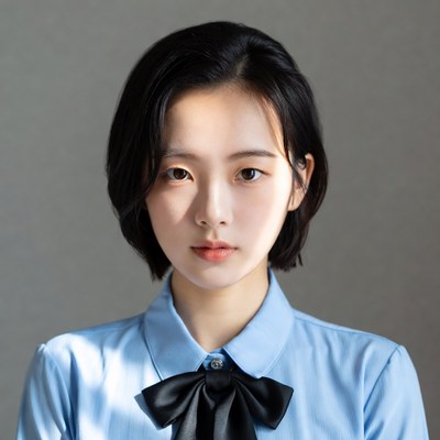 Asian woman in blue shirt with bowtie