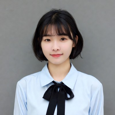 Asian woman in blue shirt with bowtie