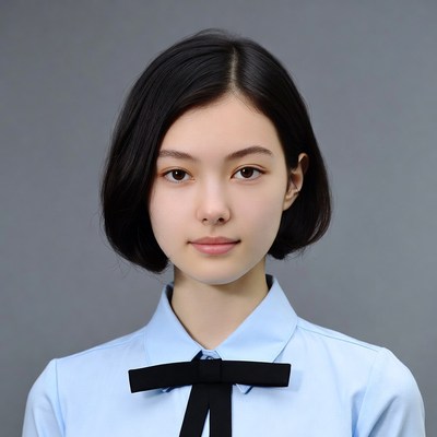 Asian woman in blue shirt with bow tie