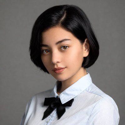Asian woman with bob haircut and bow tie