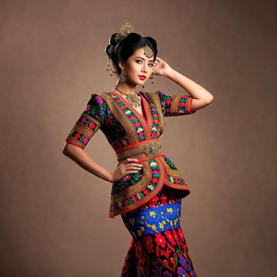 Asian woman in traditional embroidered dress