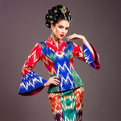 Woman in colorful ikat dress and bun hairstyle
