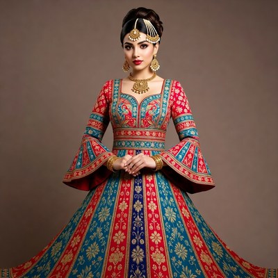 Indian woman in red blue embroidered gown