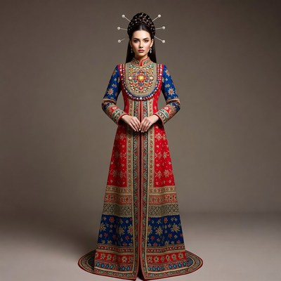 Woman in ornate red blue gown