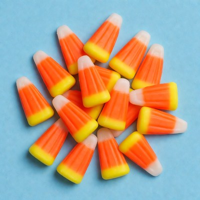 Candy corn arranged on blue background