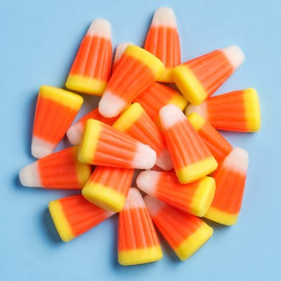 Candy corn pile on blue background