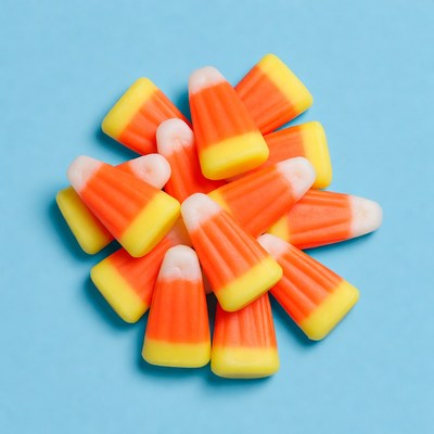 Candy corn pile on blue background