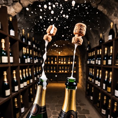 Champagne Bottles with Cookies and Overflowing Foam