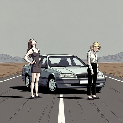 Two women standing by roadside car