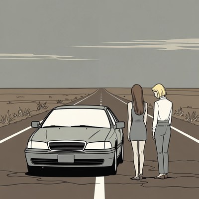 Two women standing by car on desert road