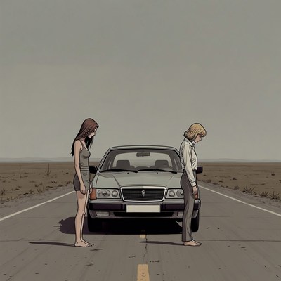 Two women standing barefoot beside silver car