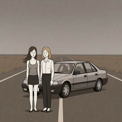 Two women standing by car on desert road