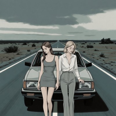 Two women standing by vintage car