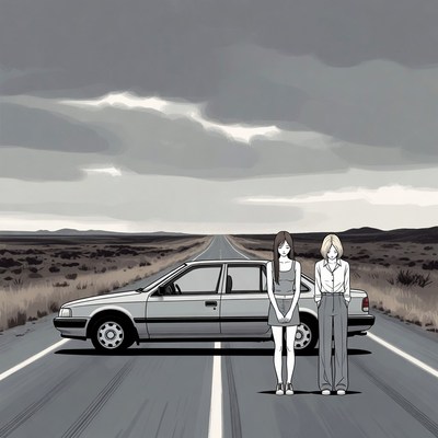 Two women standing by car on highway